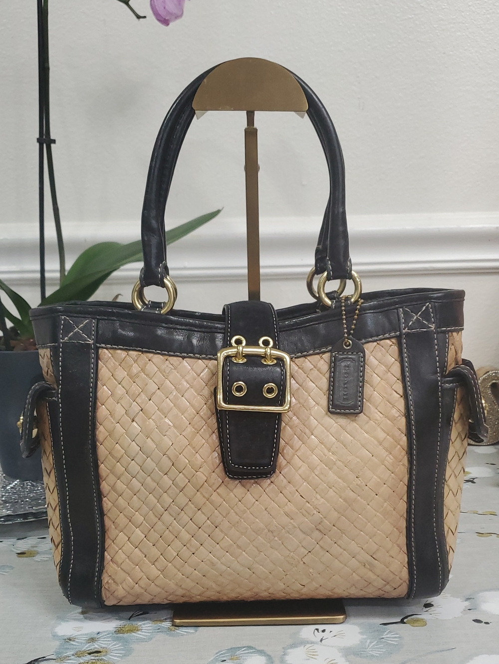 RARE Coach Natural Woven Tote with Black Leather Trim and Gold Hardware